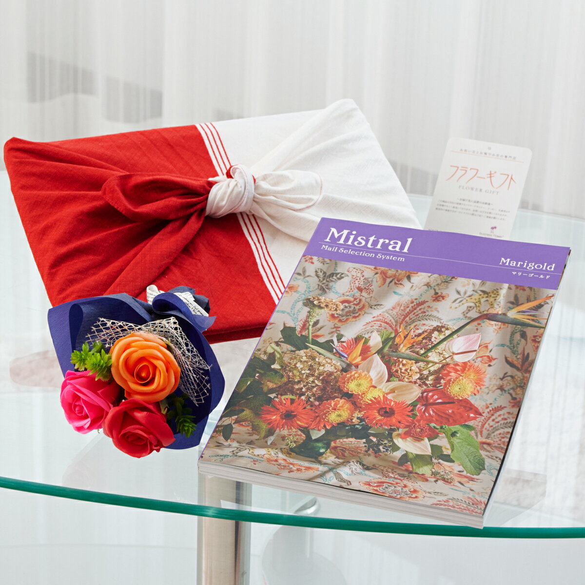 花とギフトのセット シャボンフラワーとカタログギフト(ミストラル/マリーゴールド)風呂敷包み結婚祝い 就任祝い 退職祝い 贈り物 フラワーギフト プレゼント ギ...