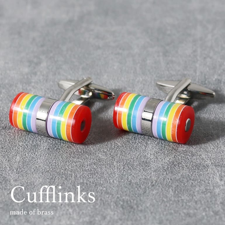 カフスボタン カフリンクス レインボー 虹 カラフル 円柱 シルバー 真鍮 メンズ アクセサリー 紳士用 ビジネス フォーマル [ ワイシャツ スーツ 結婚式 ...