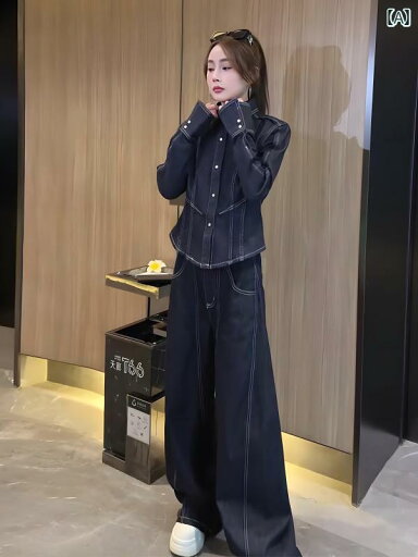 デニム スタイル レディース な デニムスーツ 女性用 2025 春 ポロ カラー 長袖 ジャケット ワイド レッグ パンツ ツーピース スーツ デニム スタイル レディース な デニムスーツ 女性用 2025 春 ポロ カラー 長袖 ジャケット ワイド レッグ パンツ ツーピース スーツ
