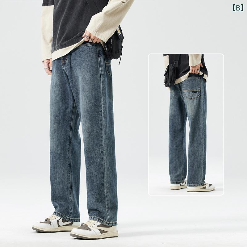 メンズ ズボン 厚手 レトロ ブルー ウォッシュド ジーンズ メンズ ワイド レッグ ストレート アメリカン 2025 春 ロング パンツ