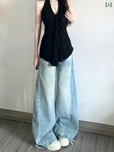 春の.淡いカラーのレトロ加工広がるワイドデニムパンツ。高さウエストで細く見せ.どんなトップスにも合わせやすい直線シルエットが特徴です。 春の.淡いカラーのレトロ加工広がるワイドデニムパンツ。高さウエストで細く見せ.どんなトップスにも合わせやすい直線シルエットが特徴です。