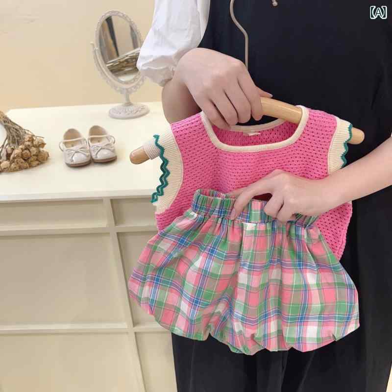 ベビー服 半袖 セット ベビー 服 夏 かわいい ニット ベスト 花 蕾 ショーツ ツーピース セット 一歳 女の子 オシャレ 夏服