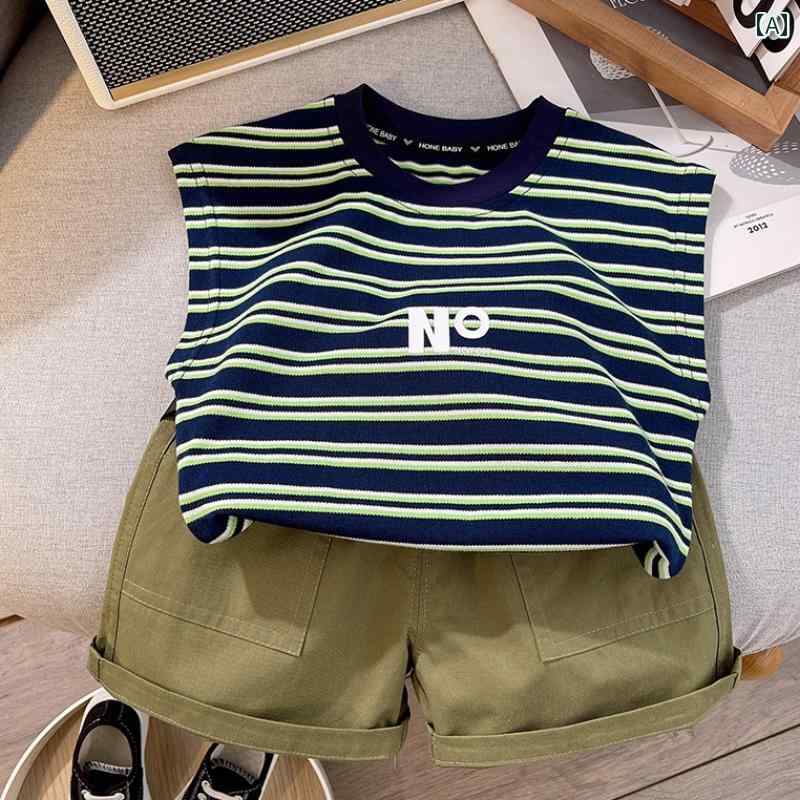 ベビー服 半袖 セット ベビー 服 夏 薄手 韓国 ストライプ ベスト ショーツ ツーピース セット 10ヶ月 1歳 男の子 夏服