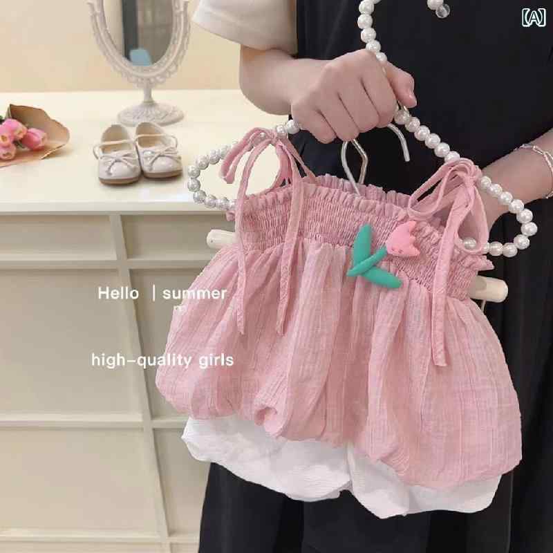 ベビー服 半袖 セット ベビー 服 夏 子供 シフォン シャツ サスペンダー トップ ショーツ スイート スーツ スプリット 1歳 女の子 夏服