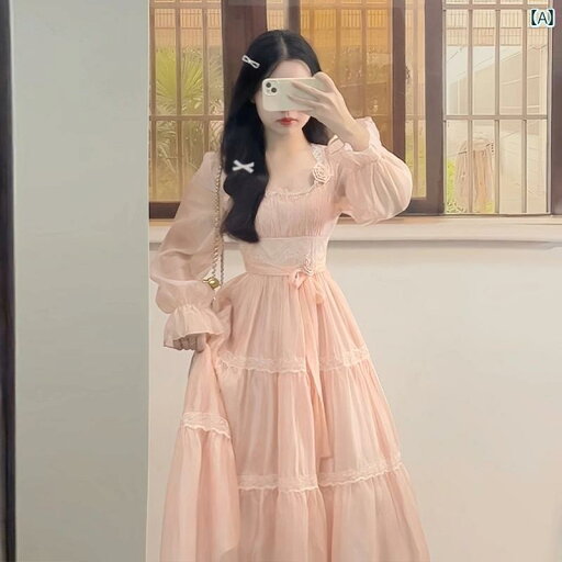 ワンピース ドレス レディース 優しいピンク色のロングスリーブワンピースドレス.女性向け初春の.韓国のウエストシルエット.上品なフランスロングスカート。 ワンピース ドレス レディース 優しいピンク色のロングスリーブワンピースドレス.女性向け初春の.韓国のウエストシルエット.上品なフランスロングスカート。