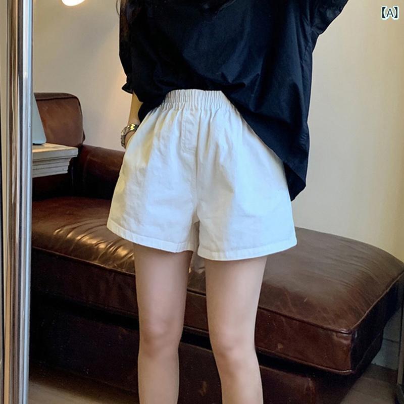 　ショートパンツ　ハーフパンツ ホワイト ショート パンツ レディース 夏 薄手 カジュアル 伸縮性 ウエスト ゆったり アウターウェア 小さめ aライン ハイ ワイド レッグ ホット(4)