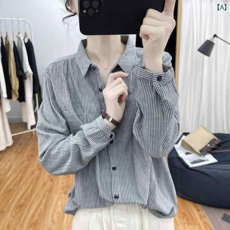 　レディース　シャツ　トップス の 大手 の 婦人服の 長袖の リネンの トップス 婦人用の ストライプの シャツ 春の カーディガン ゆったり 綿