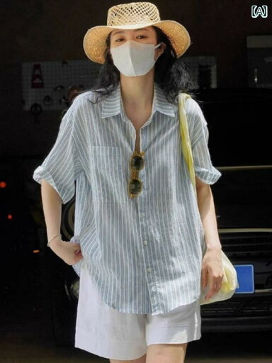 レディース シャツ トップス 夏の 女性用 薄手で ゆったり スリム カジュアル リネンシャツ トップス 綿 リネンの ストライプ 半袖 日焼け防止 シャツ レディース シャツ トップス 夏の 女性用 薄手で ゆったり スリム カジュアル リネンシャツ トップス 綿 リネンの ストライプ 半袖 日焼け防止 シャツ