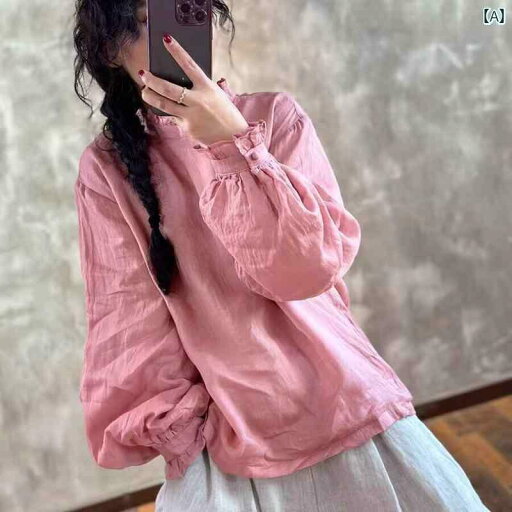 レディース Tシャツ ゆったり フランスの レトロ 長袖 ラミー シャツ 女性用 2025 春 ファッション ゆったり スリム レース スタンドカラー リネン トップ レディース Tシャツ ゆったり フランスの レトロ 長袖 ラミー シャツ 女性用 2025 春 ファッション ゆったり スリム レース スタンドカラー リネン トップ