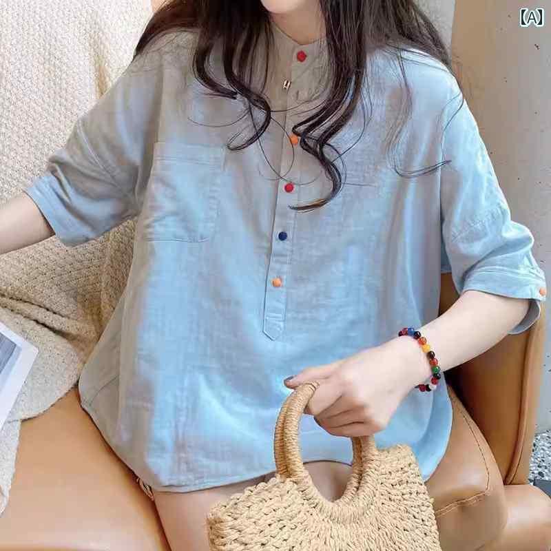 レディース　　シャツ　トップス の コットンと リネンの 半袖 シャツ 女性用 2025 夏の ファッション ゆったり ラミー リネン ベビー ドール トップ