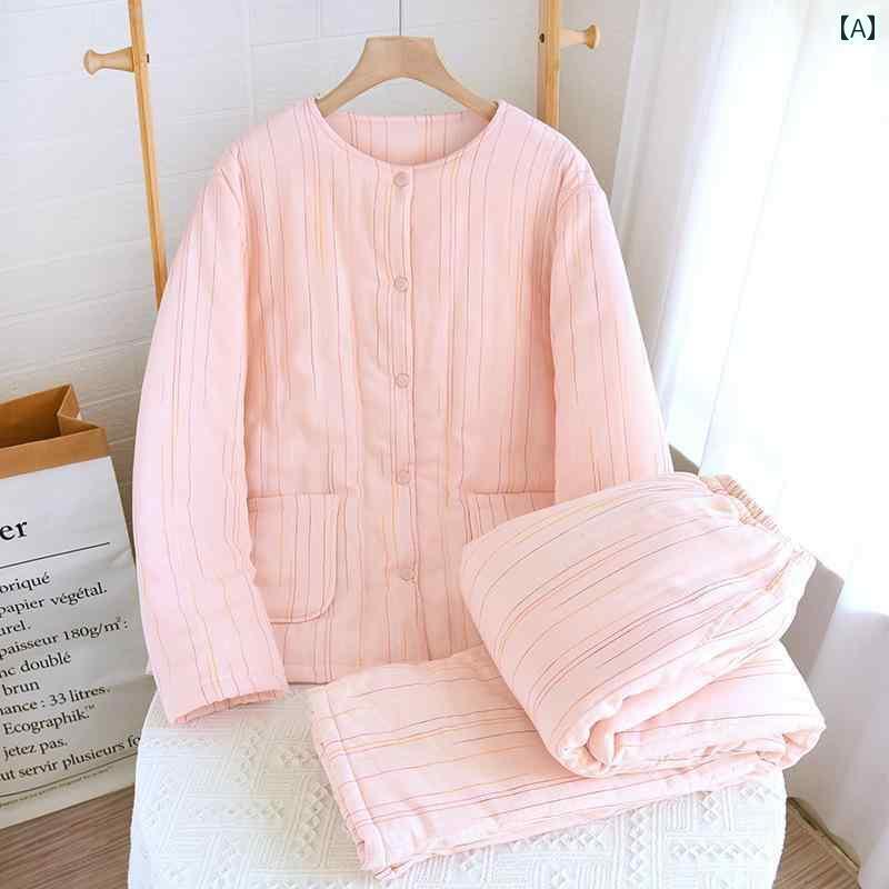 レディース パジャマ スウェット 上下 柔らかい 冬 カップル 綿 厚手 ガーゼ パジャマ 3 層 キルティング 暖かい スーツ 男女 ジャケット ホーム 服