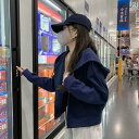 パーカー フード付き ニット 初秋 カーディガンフード付き トレーナー レディース 2024 春秋 ネイビーブルー トップス カジュアル ショート コート