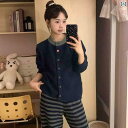 パジャマ セット スウェット 韓国 ストライプ 半端 縁 ベルベット パジャマ 女性 秋冬 スタイル 裏起毛 厚手 暖かい コーラル ホームウェア スーツ