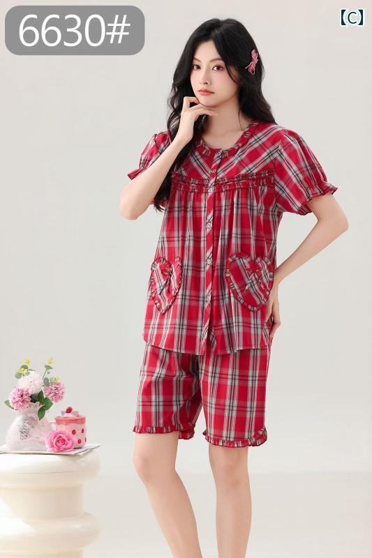 半袖　半ズボン　パジャマ 台湾 ドリーム 夏 レディース 半袖 ショート パンツ 甘くて かわいい 織り コットン チェック 柄 パジャマ 室内 着