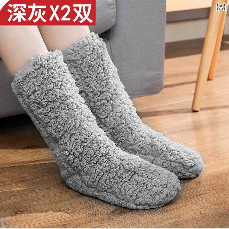 ソックス　靴下　カバー 冬用 ベルベット 素材の 厚手 女性用 ソックス 2 足と 入院中の 男性用 暖かい 就寝用 足を 温める フロア 室内用(4)