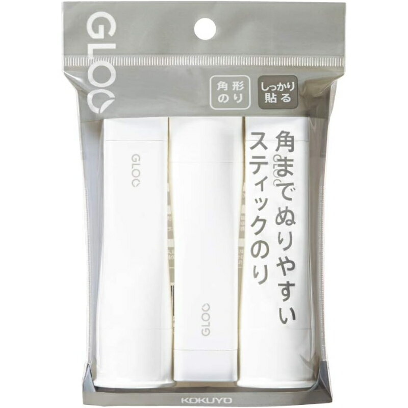 機能的で美しい。だから使いたくなる、置いておきたくなる。 コクヨの「GLOO（グルー）」シリーズは、「貼るってこんなに変われる」をコンセプトに生まれたスティックのりブランドです。デザインオフィスnendo（佐藤オオキ氏）によるミニマルなデザインと、コクヨが培った接着技術が融合し、従来のスティックのりが抱えていた不満をひとつずつ丁寧に解決。「しっかり貼る」タイプMサイズが3本セットになったお得なパックです。 4つの機能的特長 角まで塗りやすい四角いフォルム 紙の端や角まで塗り残しなくカバーするために、スティックのりを四角い形状に設計。従来の円筒形では届きにくかった隅まで、しっかりと塗布できます。 デスクから転がって落ちない 四角い本体形状により、デスクに置いても転がりません。のりを送り出すツマミも握りやすく設計されており、作業中のストレスを軽減します。 360度どこからでも開けやすい丸キャップ 四角いのりに気密性を保つ丸キャップを組み合わせることで乾燥を防ぎます。キャップ先端の大きめのフチが360度どの角度からでも開けやすい仕様です。 厚紙にも安心の「しっかり貼る」タイプ 強い接着力で厚紙や重量のある素材にもしっかり貼れます。封筒・段ボール紙・工作など、一般的なのりでは不安な場面でも信頼して使えます。 nendo × コクヨが生み出したGLOOシリーズとは 「GLOO」は、コクヨが培ってきた接着・粘着技術に、デザイナー佐藤オオキ氏率いるデザインオフィス「nendo」のデザインを加えて誕生したブランドです。佐藤オオキ氏はNewsweek誌「世界が尊敬する100人」に選出され、代表作はニューヨーク近代美術館（MoMA）やポンピドゥーセンターにも収蔵されています。「貼る」という行為を創造的な体験へと変えるプロダクトを目指し、機能性とミニマルなデザインを高い次元で両立させました。 よくある質問 Q. 普通の紙以外にも使えますか？ A. 「しっかり貼る」タイプは強い接着力を持ち、厚紙・封筒・工作素材などにも安心してお使いいただけます。 Q. のりの色は透明ですか？ A. のりの色は白です。塗った場所が視認しやすく、塗り漏れを防ぎやすい仕様です。乾燥後は透明になります。なお、塗った後に色が消えるタイプは別品番（「色が消える」タイプ）になります。 Q. キャップをしていれば乾燥を防げますか？ A. はい。気密性の高い丸キャップがのりの乾燥を防ぎます。使用後はキャップをしっかり閉めて保管してください。 Q. エコマーク取得とはどういう意味ですか？ A. 環境省が認定するエコマークを取得しており、環境への配慮が認められた製品であることを示します。ロゴカバーにはリサイクルPP（R-PP）を採用しています。 Q. GLOOシリーズに他のサイズや種類はありますか？ A. はい。GLOOシリーズにはSサイズ・Mサイズ・Lサイズのほか、「色が消える」タイプや単品販売など複数のラインナップがあります。用途や使用頻度に合わせてお選びください。 商品仕様 項目 詳細 商品名 GLOO スティックのり しっかり貼る Mサイズ 3個セット 品番 タ-G302-3P メーカー コクヨ（KOKUYO） タイプ スティックのり・しっかり貼るタイプ サイズ（1本） Mサイズ（直径32×高さ105mm） 内容量（1本） 約22g のりの色 白（乾燥後透明） 材質 容器本体・エレベーター：PP、ロゴカバー：R-PP セット内容 3本 認証 エコマーク取得商品 デザイン nendo（佐藤オオキ氏）