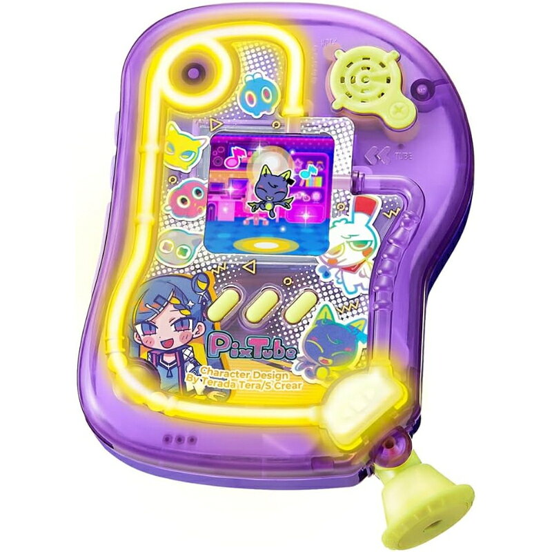 ひっぱりアクションで遊ぶ、新感覚液晶トイ『ピクチューブ』 レバーをひっぱって！はじいて！楽しくおせわ♪個性豊かな”ピクメイト”を育てよう！ ひっぱる方向と連動して、光のキャラがチューブをかけめぐるよ！ 充実のお世話メニュー 成長：おせわをすると「べビピク」⇒「ミニピク」⇒「ピクメイト」と成長していくよ。 ごはん・カフェ：レバーをひっぱってごはんをあげよう。ミックスマシーンでピクジュースも混ぜられるよ。 おふろ：ピクメイトにホコリがついたら、レバーを操作してキレイにしてね。 おでかけ：「ピクショップ」「ピクマート」「ピクゲーム」「ネオンパーク」から行先を選べるよ。 よくあるご質問 Q. 電池は付属していますか？A. いいえ、単4形アルカリ乾電池を3本使用します（別売）。 Q. どんなキャラクターがいますか？A. Terada Tera/S Crearデザインの個性豊かなキャラクターたちです。 Q. 過去に育てたキャラクターは見られますか？A. はい、「ピクグラム」から今まで育てたピクメイトを確認できます。 商品仕様 メーカー タカラトミー(TAKARA TOMY) 商品名 ピクチューブ クリアパープル 使用電池 単4形アルカリ乾電池3本(別売) コピーライト (C) TOMY Character Design By Terada Tera/S Crear