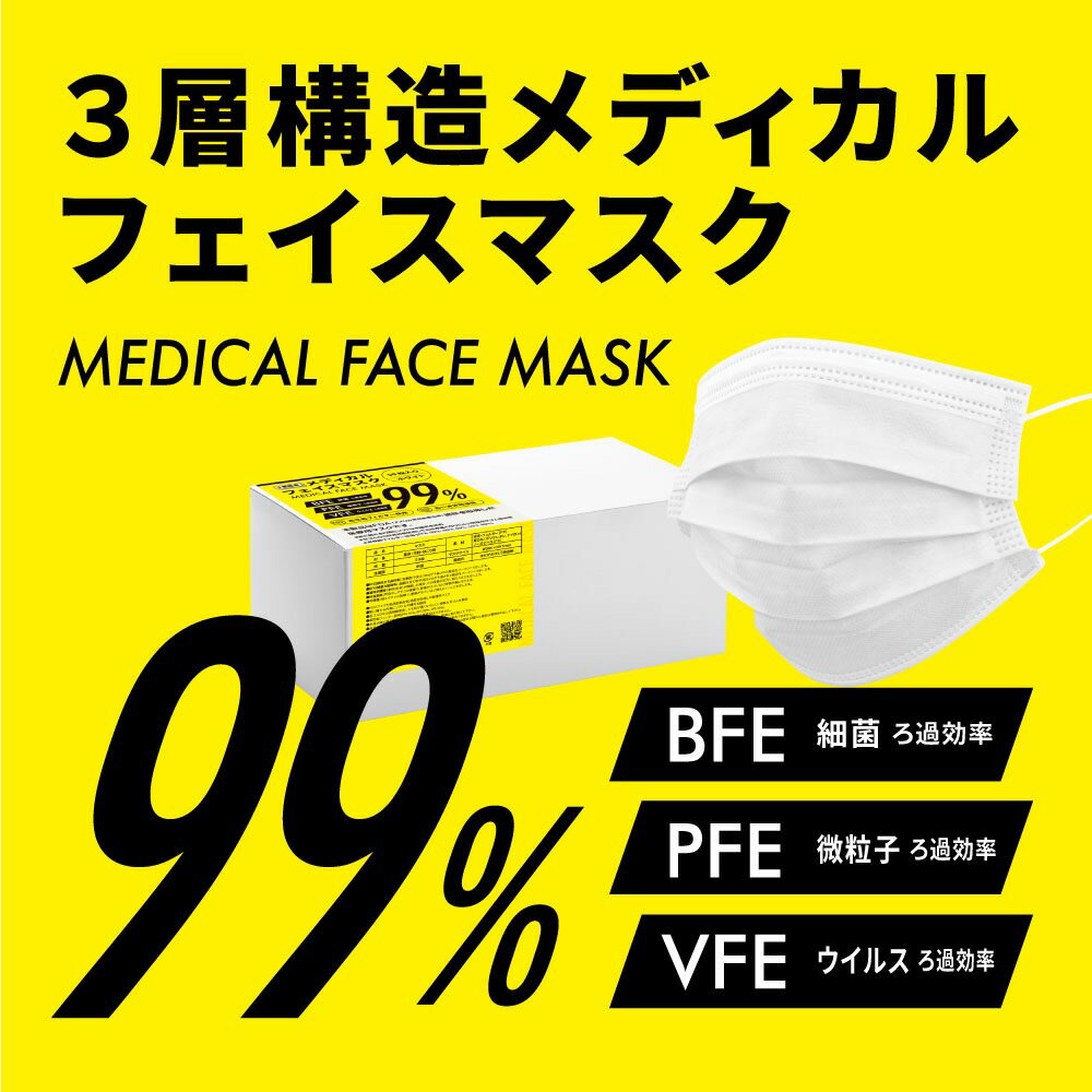 【平日12時まで即日発送】3層構造メディカルフェイスマスクMEDICAL FACE MASK BFE 細菌ろ過率 PFE 微粒子ろ過率 VFE ウイルス濾過率 99% 国内発送 不織布 使い捨て 即納可 サージカル サージカルマスク