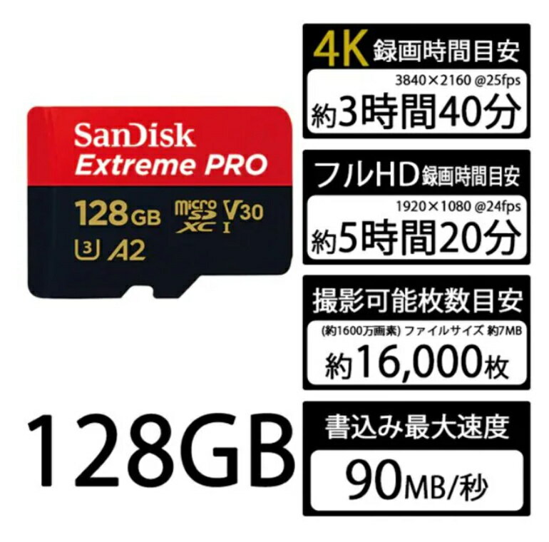 サンディスク SANDISK メモリーカード Extreme PRO microSDXCカード 128GB Class10 UHS-I U3 V30 A2 最大読込200MB/s 最大書込90MB/s SDSQXCD-128G-JO3CD