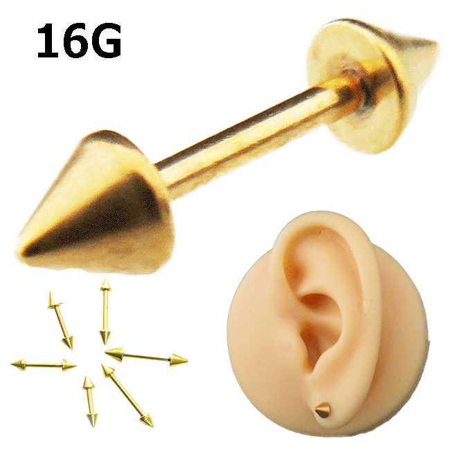 ボディピアス 16G 1.2mm スパイク ストレートバーベル ゴールドカラー サージカルステンレス