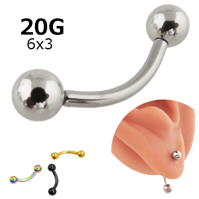 【SALE期間中50%OFF】ボディピアス バナナバーベル 20G 0.8mm 内径6mm ボール径3mmアイブロー へそピアス ステンレス