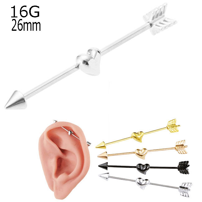 1000円 ボディピアス ストレートバーベル ハート ハートの矢 ヘリックスピアスインダストリアル ボディピアス 軟骨ピアス ステンレス 16G 内径 26mm 片耳一個売り