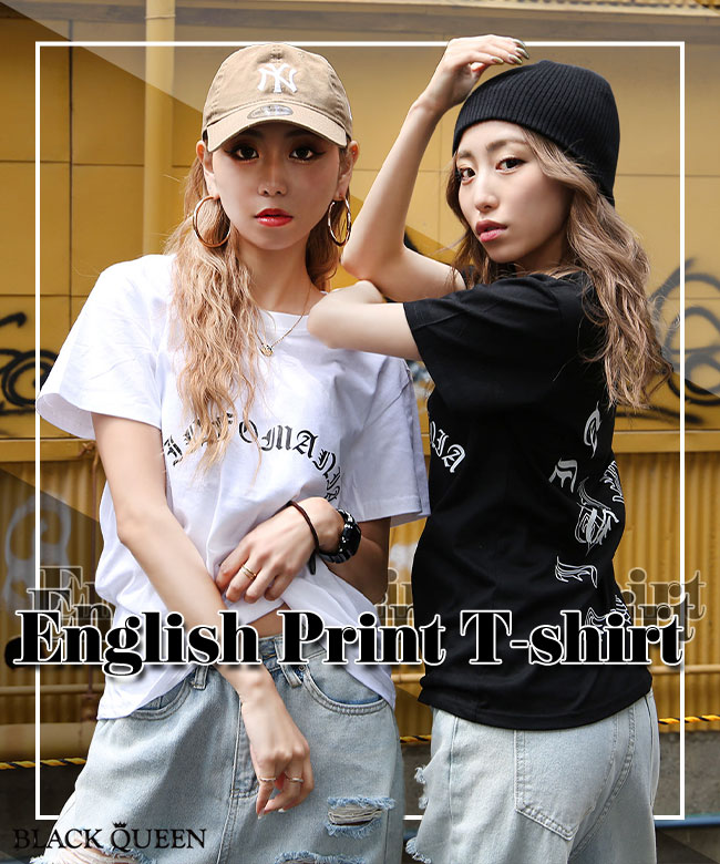 【メール便】ギャル服ギャルファッションTシャツレディースロゴトップス半袖夏TシャツUネックカジュアルブラックホワイト白黒ブラッククイーン【TOPSちゃんかおchankaoあみamiMavily】