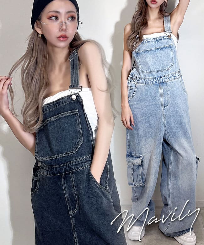 ギャル ギャル服 ファッション サロペット サロペ オーバーオール ボタン デニム カジュアル レディース ストレートパンツ レイヤード 服 定番 春 夏 秋 冬 オールシーズン 大人 ストリート ブルー インディゴ ブラッククイーン 250328