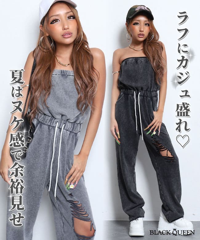 ギャル オールインワン レディース ヴィンテージ ダメージ ロンパース ベアロンパース ベアオールインワン こなれ感 ロング 夏 セクシー 無地 ポケット ボタン カジュアル グレー ブラック ファッション ブラッククイーン 250718 【予約 7月30日から3営業日で発送予定】