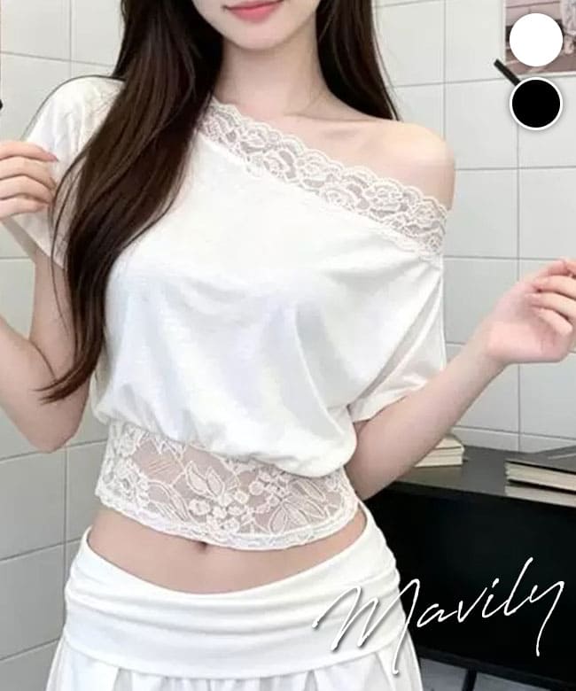 【メール便】ギャル服 ギャル ファッション 半袖 トップス レディース くびれ ワンショルダー ワンショル デコルテ レース 透け感 レースデザイン タイト デザイン ホワイト ブラック 白 黒 着回し 春 夏 ブラッククイーン 260724