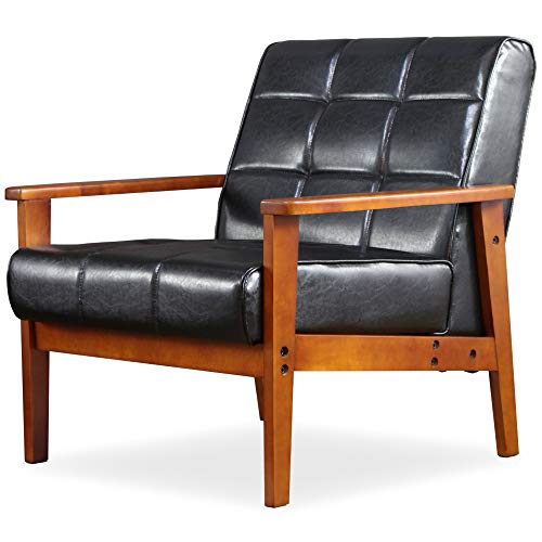 岩附 ソファ 1人掛け レザー 合皮 肘付き 天然木脚 幅74cm 黒 ブラック レトロモダン ヴィンテージ IW-..