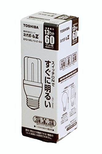 電球色/-/EFD15EL/13-Z-GU・パッケージ個数:1・60Wタイプ・口金E26・3波長形電球色・EFD15EL/13-Z　と同等品・グリーン購入法適合商品●メーカー：東芝 ●型番：EFD15EL13ZGU ●商品名：電球形蛍光灯 電球60Wタイプ(D形) 3波長形電球色 E26口金 ネオボールZ ●種別：D15形 電球60形タイプ ●光源色：3波長形電球色 ●寸法(mm)：外径40×長さ109 ●質量(g)：63 ●口金：E26 ●周波数(Hz)：50/60共用 ●定格電圧(V)：100 ●定格入力電流(A)：0.22 ●定格消費電力(W)：13 ●全光束(lm)：810 ●色温度(K)：2800 ●定格寿命(h)：8000 ●平均演色評価数(Ra)：84 ●グリーン購入法適合商品