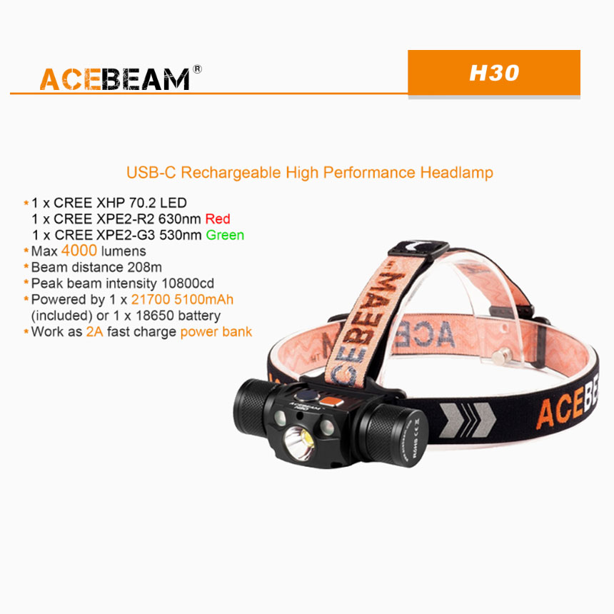 [4日20時-限定P5倍][ACEBEAM(エースビーム)] H30 CreeXLamp XHP70.2、レッドLED、ブルーLED搭載 3500ルーメン通販格安セール情報　楽天　通販