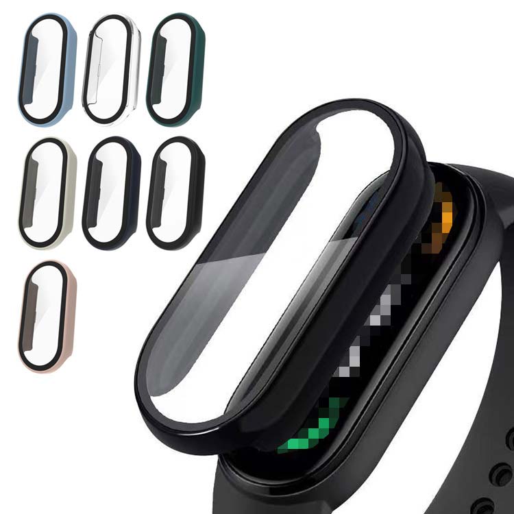 Xiaomi Smart Band 8 ケース カバー 強化ガラス ガラスフィルム 付き シャオミ スマート バンド8 全面保護 液晶保護ケース 単色/クリア フィルム一体 ハードケース シャオミー