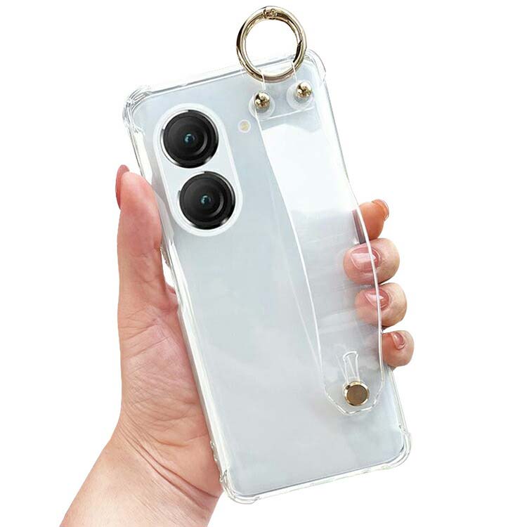 ASUS Zenfone10 クリアケース 耐衝撃 カバー 透明 TPU 持ち手 ベルト スマホバンド 落下防止ベルト 片手操作 取っ手 ソフトケース 角 保護 コーナーカラビナ バンパー ストラップホール付き エイスース ゼンフォン10 Zenfone 10 9 おすすめ おしゃれのサムネイル