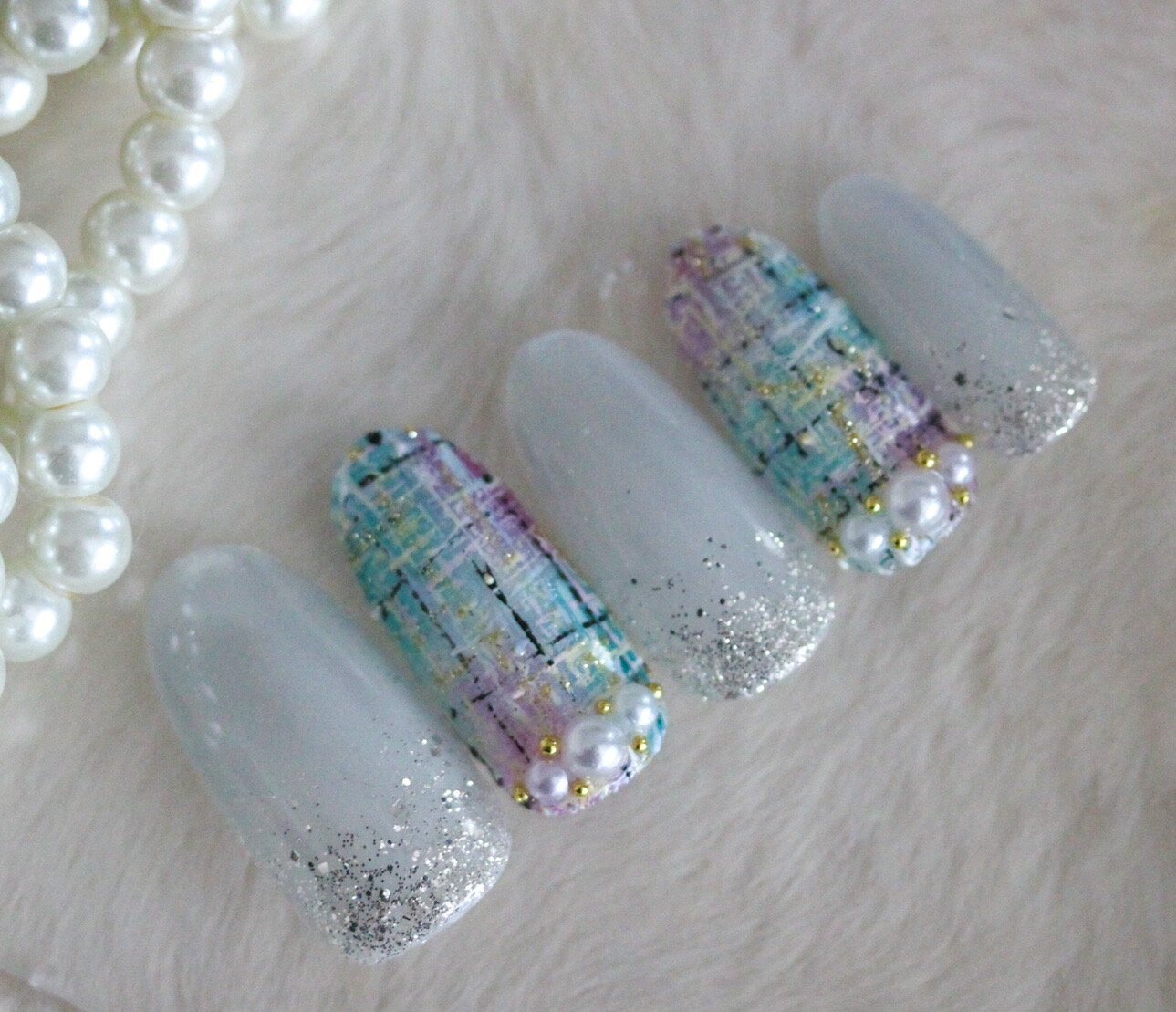 【送料無料】【フリーサイズ16枚入り・両面テープ・ヤスリ付き】★ネイルチップ★ 当店オリジナルハンドメイド ツィードネイル | ネイル、つけ爪、ジェルネイル、アクセサリー、NailTip、成人式ネイル、卒業式ネイル