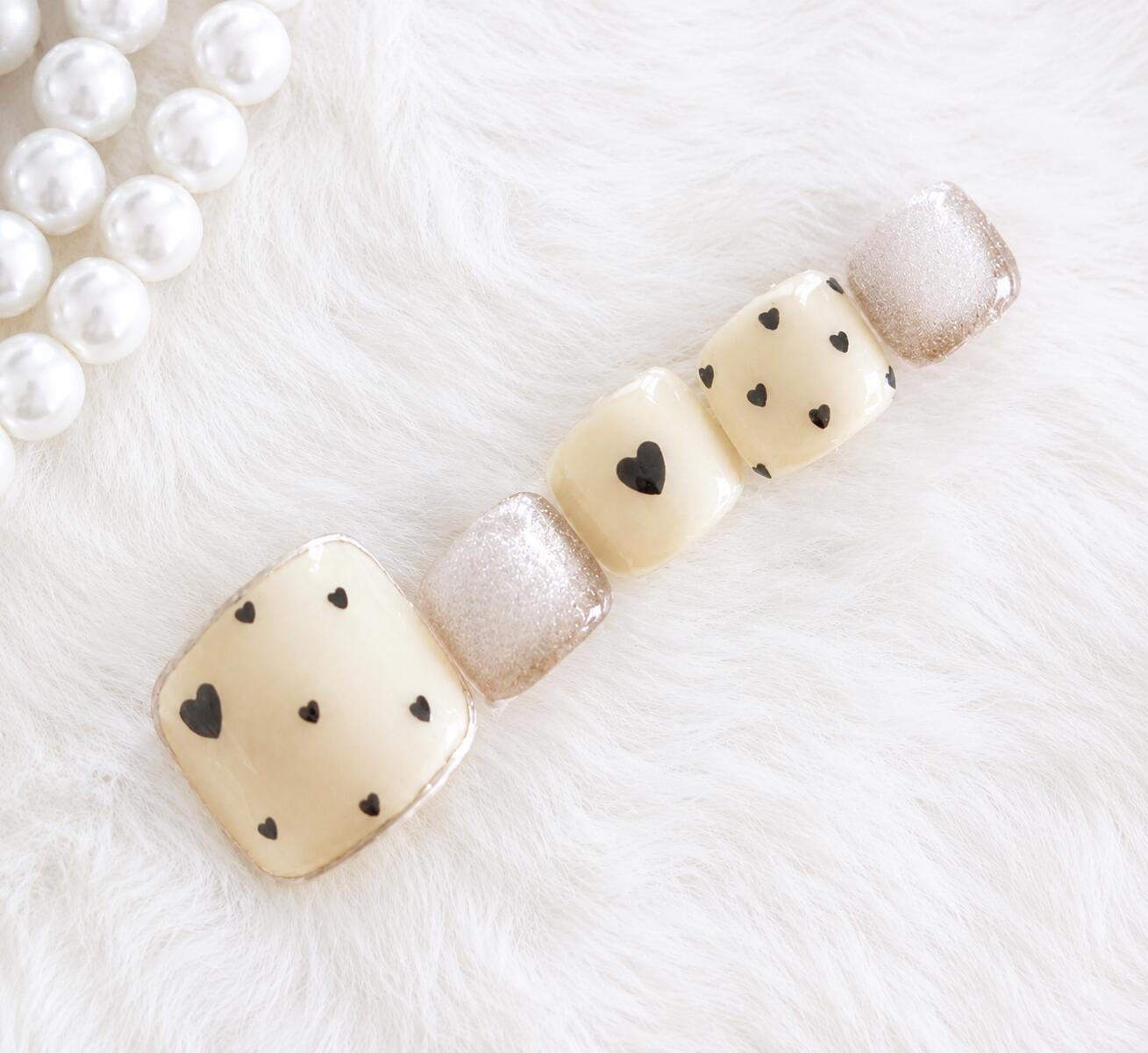 Beige Types - フットネイル ネイルチップ ハートネイル アイボリー ベージュ 韓国ネイル シンプル 上品 大人可愛い フットチップ 16枚入り