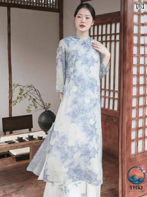 ブランシュストアのアオザイ チャイナ風 漢服 伝統 ワンピース パンツ レトロ レディース 禅 夏 ファッション 涼しい エスニック 上品｜アングル2
