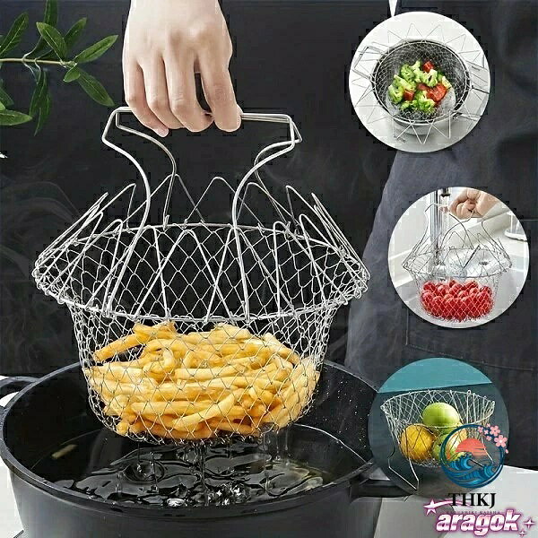 【全品2点で5%OFF】ステンレス製折りたたみ式フライバスケット、多機能キッチンザルメッシュストレーナー、フライ＆フルーツディスプレイ用 耐久性のある調理器具、1パック