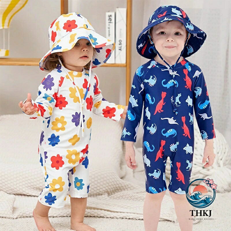 子供 ベビー 水着 男の子 女の子 長袖 帽子付き 2color ラッシュガード 水着 UV ロンパース 水着 動物 花 オシャレ かわいい キャップ付き キッズ ベビースイミング オールインワン 子ども