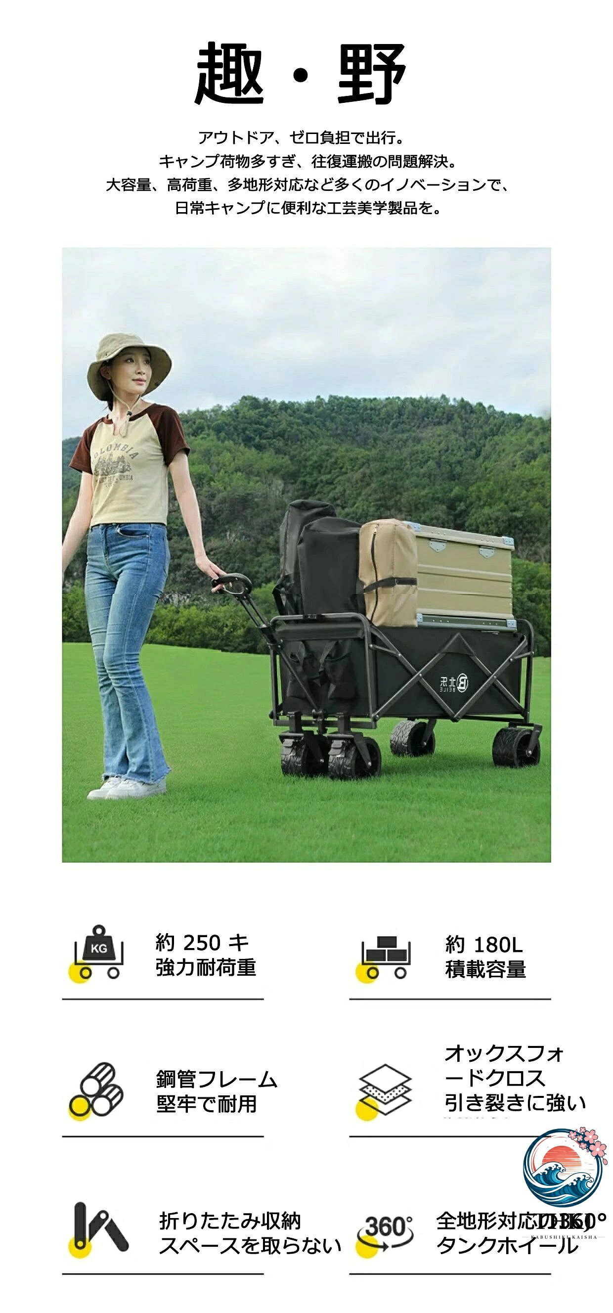 【全品2点で5%OFF】両手ハンドルタイプあり アウトドアワゴン キャリーワゴン テーブルセット キャリーカート 大容量 折りたたみ 頑丈 コンパクト 耐荷重 500kg 大型タイヤ 4 輪 キャンプワゴン キャンプ用品 子供載せ 180L 簡単取付 ポケット付き 激安 セット blanche123-10020577 ブランシュストア サンプル画像3