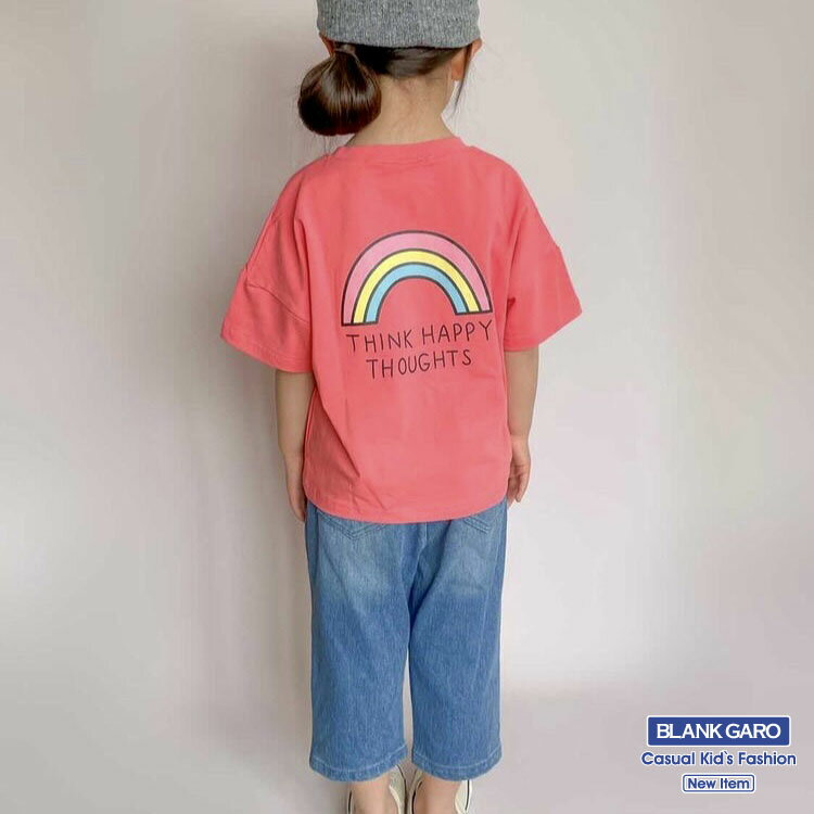 キッズ 送料無料 Tシャツ半袖 Tシャツキッズ レインボープリント バックプリント 子供服 女の子 女児 男の子　男児 シンプル カジュアル 普段着 韓国子供服 春 夏 かわいい おしゃれ 100 110 120 130 当店オススメ　 売れ筋