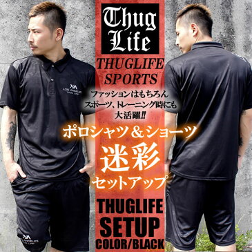 THUGLIFE サグライフ 半袖ポロシャツセットアップ KEEP YA HEADUP ブラックメンズ ファッション ストリート 上下セット 春夏 男性 部屋着 リラックス ポロシャツ