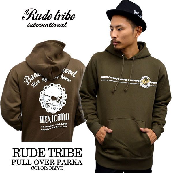 RUDETRIBE / ルードトライブ プルパーカー STUBBORNNESS PULL OVER オリーブメンズファッション トップス アウター大 小 プルオーバー パーカ 秋冬 メンズ 冬物 秋物 裏起毛 スウェットプリント 無地 フード