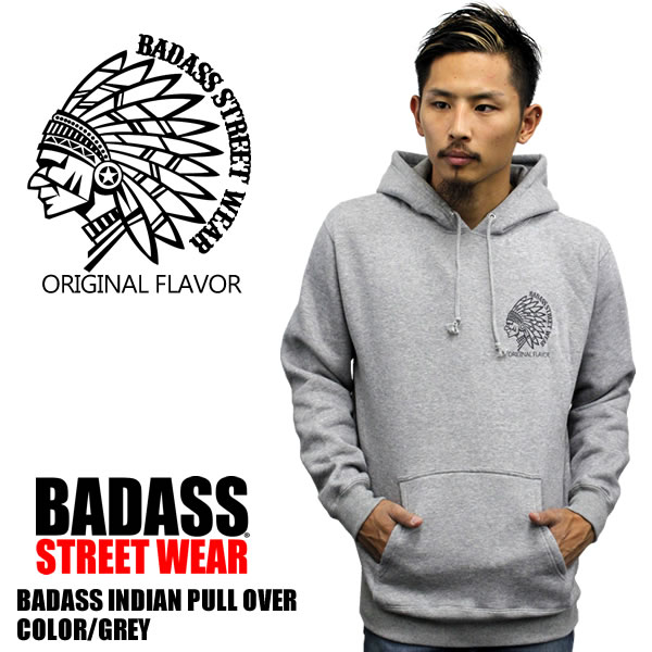 楽天BLAST待望の再入荷！！ BADASS バダス メンズ ビックサイズ パーカー インディアン ロゴ グレー メンズ レディース ストリートメンズファッション トップス アウター大 小 秋冬 メンズ ダンス 裏起毛 スウェット 無地 フード スケーター ペアルック