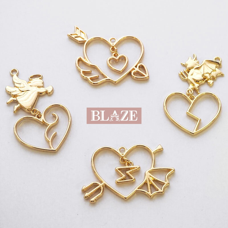 空枠 ゆらゆら 天使 & 悪魔 ハート スウィング ゴールド BLAZE ハンドメイド クラフト 手芸 アクセサリーパーツ 商用利用可能 カン付き レジン 材料 資材 揺れる 作製 素材 セッティング メタルチャーム 金属チャーム キーホルダー チャーム 手作り 約24~44×25~40mm