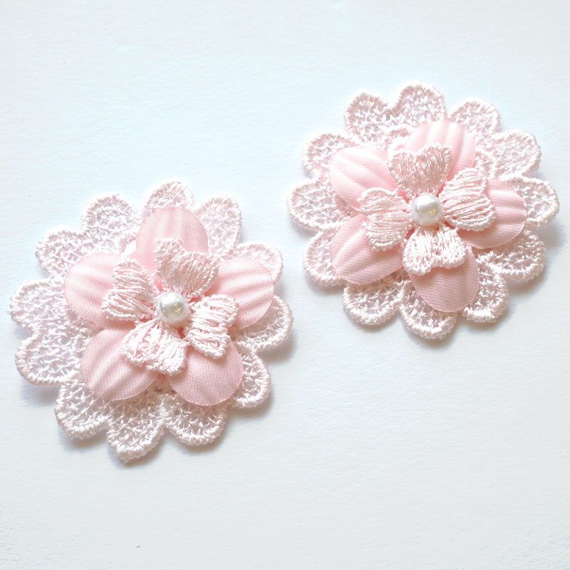 【2個入り】フラワーパーツ フラワー パール モチーフ レース ハンドメイド 手芸 花 セット クラフトパーツ 材料 布花 白 ピンク 青 ブルー パープル 紫 大きめ アクセサリーパーツ 上品 衣装 服飾 大人 商用利用可能 ホワイト 約4.8×4.8cm