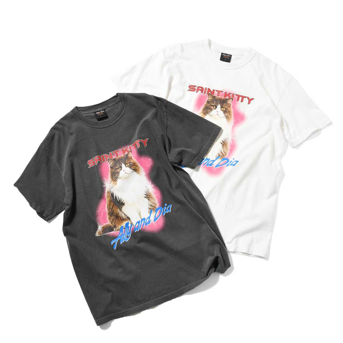 樂天商城 - Ally＆Dia アリーアンドダイア 半袖 Tシャツ 山嵐 半袖 猫 ストリート ヒップホップ ラッパー ダンサー アメカジ ワーク カジュアル フェス ロックバンド ブランド 　SAINT KITTY Tee AD26SU001