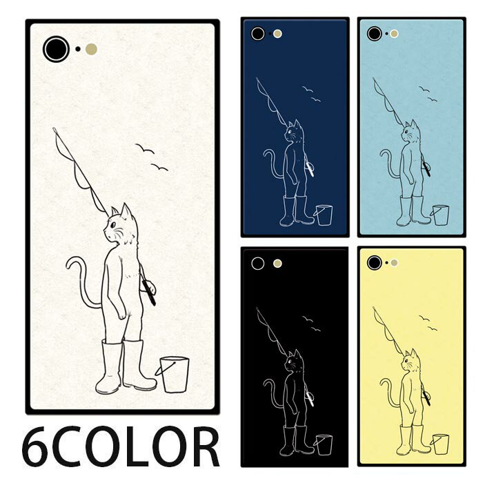 スマホケース スクエア ガラス 猫 釣り 魚 長靴 iphone15 pro MAX iphone14 pro MAX iphone13 pro iphone8 iphone8plus iPhoneケース 四角 TPU ガラスケース オシャレ かわいい 可愛い 背面ガラス 強化ガラス TPU ハードケース