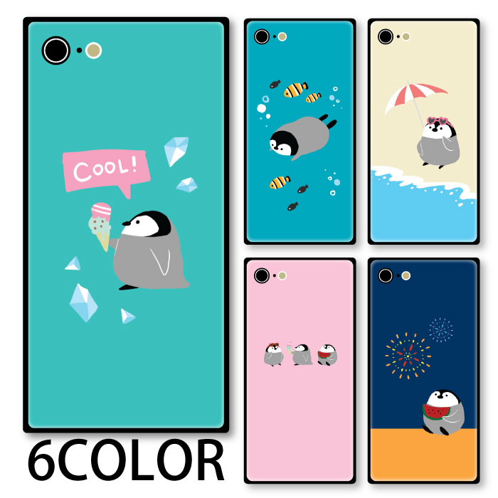 スマホケース スクエア ガラス ペンギン ペンギンのヒナ 夏 海 スイカ アイス iphone15 pro MAX iphone14 pro MAX iphone13 pro iphone8 iphone8plus iPhoneケース 四角 TPU ガラスケース オシャレ かわいい 可愛い 背面ガラス 強化ガラス TPU ハードケース